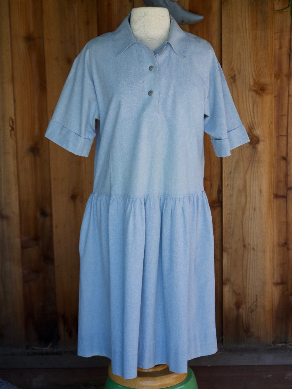 Vintage Brownstone Studio NY Faded Blue Denim Jean Casual Shirt Dress Woman's L